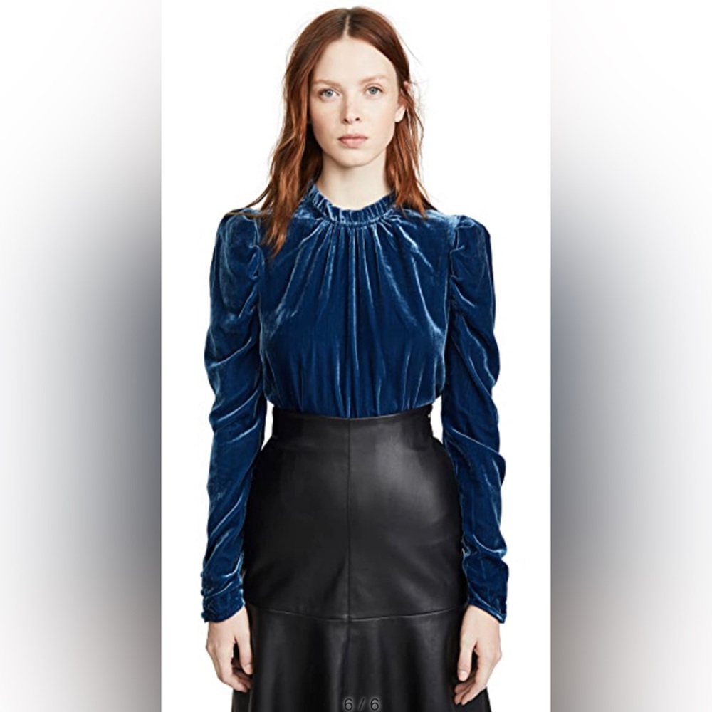 WAYF Erika Puff Sleeve Blue Velvet Top Medium